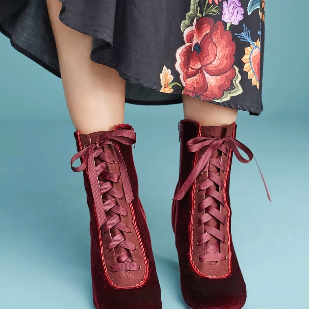 Anthropologie Deep Red Chelsea Crew Velvet Victorian Boots
